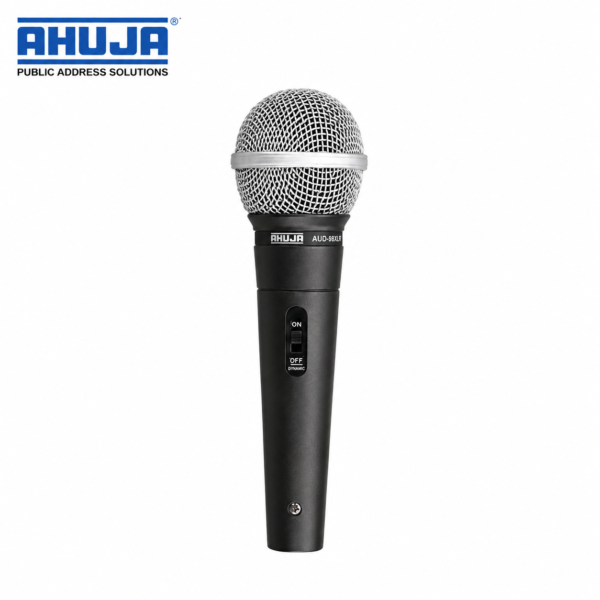 Ahuja AUD-98XLR wired dynamic microphone with XLR connection for professional PA systems, public speaking, vocals, presentations, and live events.