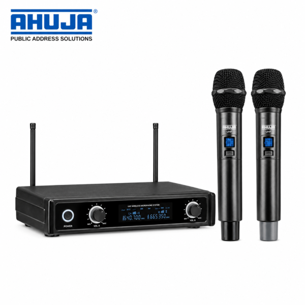 Ahuja AWM-700U2 dual-channel wireless microphone system for professional PA systems, live events, conferences, presentations, and clear voice transmission.