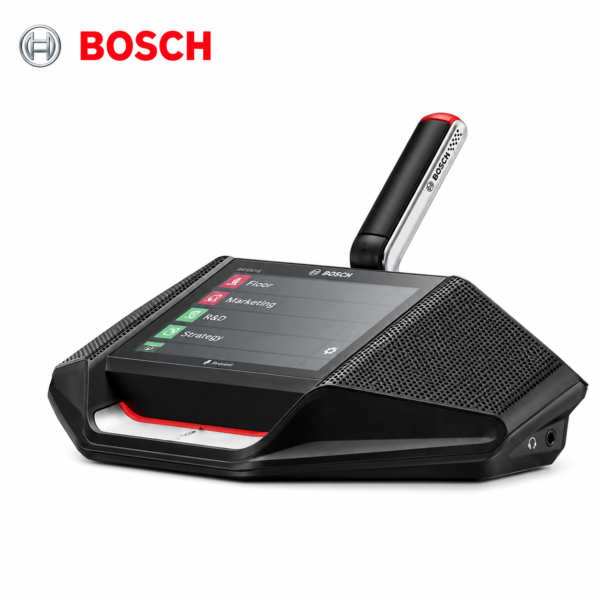 Bosch DCNM-WDE wireless discussion device with built-in microphone and touchscreen controls for conference systems and meeting rooms in Oman.