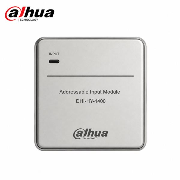 Dahua DHI-HY-1400 addressable input module with a compact white enclosure for fire alarm monitoring and system integration in Oman.
