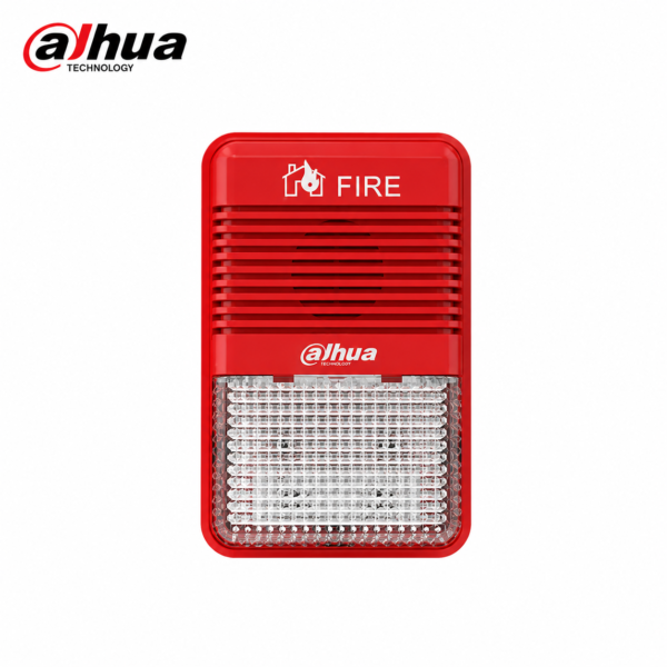 Dahua DHI-HY-1500 fire sounder strobe with red housing, audible alarm, and LED flashing light for fire safety systems in Oman.