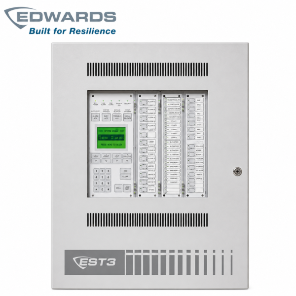 Edwards EST3-CAB5 fire alarm control panel with a wall-mounted cabinet, display, control modules, and status indicators for fire detection and safety systems in Oman.