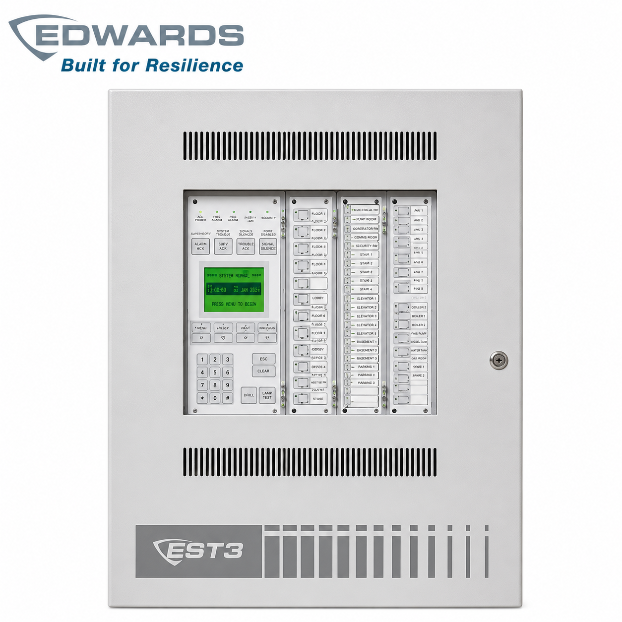 Edwards EST3-CAB5 fire alarm control panel with a wall-mounted cabinet, display, control modules, and status indicators for fire detection and safety systems in Oman.