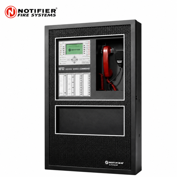 Notifier NFS2-3030 addressable fire alarm control panel with enclosed control cabinet, display, and control modules for fire detection and safety systems in Oman.