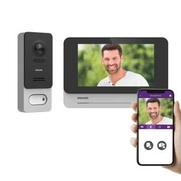 Philips WelcomeEye wireless video doorphone with indoor monitor and outdoor door station for visitor monitoring, two-way communication, and secure home access in Oman.