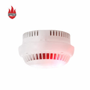 SFFECO conventional photoelectric smoke detector with a round white housing and visible ventilation slots.