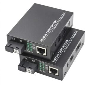 Pair of single fiber BiDi media converters with SC ports, marked A and B, supplied by Aurex Smart Systems in Oman.