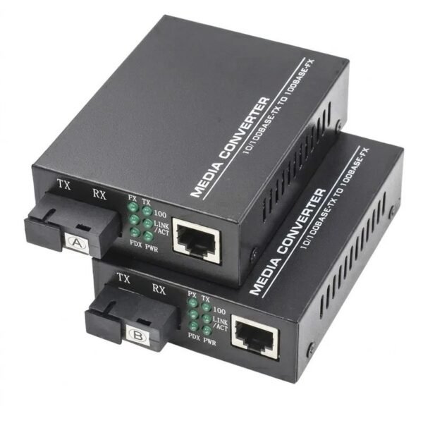 Pair of single fiber BiDi media converters with SC ports, marked A and B, supplied by Aurex Smart Systems in Oman.