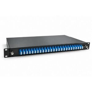 Rack mount fiber optic patch panel with SC adapters and splice tray, supplied by Aurex Smart Systems in Oman.