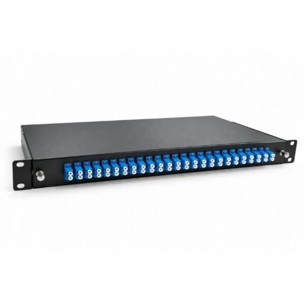 Rack mount fiber optic patch panel with SC adapters and splice tray, supplied by Aurex Smart Systems in Oman.